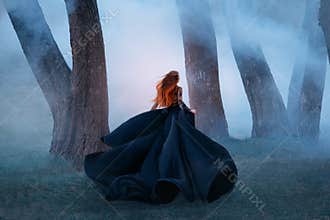 Black widow in a long dark silk lace dress, a girl with gorgeous light red hair runs off into a secret forest, the