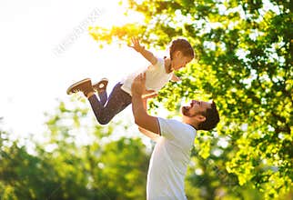 Concept of father`s day! happy family dad and child daughter    in nature