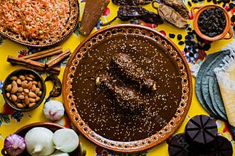 Mole Mexicano, Poblano mole ingredients, mexican spicy food traditional in Mexico