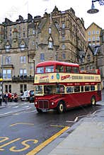 Old Town of Edinburgh Scotland, with a typical sightseeing double bus