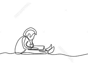 One line drawing kids read book continuous minimalist design