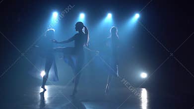 Sensual dancers females dancing over spotlights of studio. Slow motion