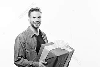 Happy birthday. Man share present. Handsome macho man. Love date. Romantic greeting. Boxing day. unshaven man with