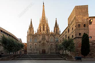Panorama of Barcelona Cathedral of the Holy Cross and Saint Eulalia during sunrise, Barri Gothic Quarter in Barcelona, Catalonia,
