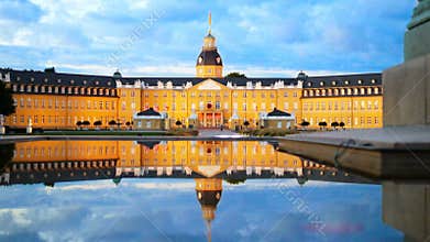 Karlsruhe German Palace at dusk reflected in the fountain 4k footage