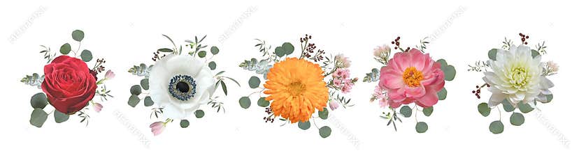 Real floral bouquet design: garden pink peach lavender creamy powder pale Rose wax flower, anemone Eucalyptus branch greenery