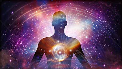Man universe, meditation, healing, human body energy beams