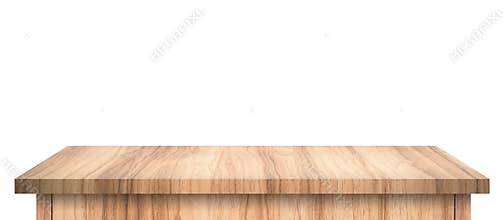 Empty Wood table with abstract pattern isolated on pure white background. Wooden desk and shelf display board with perspective