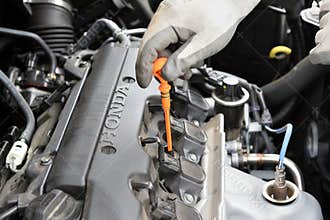 Man checking oil level in Honda CR-V car engine