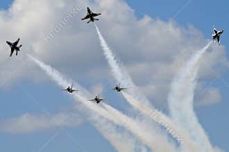 Six Thunderbird Jets in Formation Maneuvers