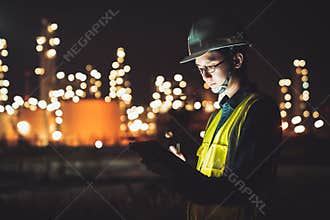 Asian man engineer using digital tablet working late night shift at petroleum oil refinery in industrial estate. Chemical engineer