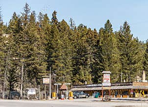 FAIRMONT HOT SPRINGS, CANADA - MARCH 22, 2019: convenience store and gas station in small town east British Columbia