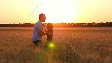 Happy family: father and son playing in a wheat field at sunset. A cute little boy runs to his dad. The man takes the