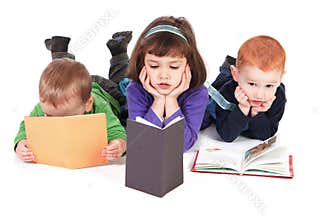 Children reading kids books isolated