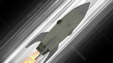 Rocket ship flying through space animation. Black and white diagonal anime speed lines. Space motion background