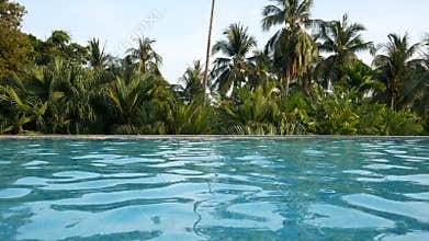4K. relaxing vacation scene of swimming pool near the beach with coconut palm tree at background. travel , vacation and relaxing