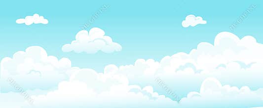 Cartoon blue sky and curly clouds. Vector white cloud beauty dreams horizontal background. Cover fluffy white heavenly