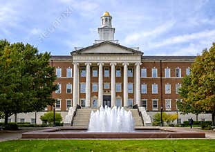 Fountain in front of the Laura Lee Blanton student services building on the campus of Southern Methodist University in Dallas