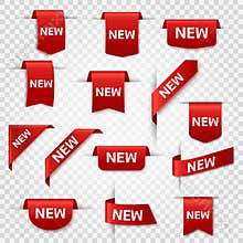 New labels. Newest product red banner ribbons, price shopping tags. Promotion sale badges, special offer stickers vector