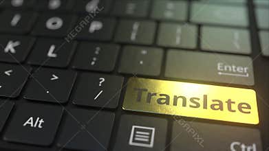 Black computer keyboard and gold translate key. Conceptual 3D animation