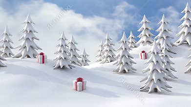 Winter background, snowy pine trees and Christmas gift boxes