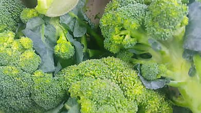 A close up top view of green fresh broccoli pile placed in market for sale