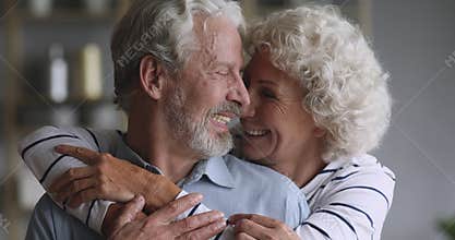 Cheerful old couple hugging laughing bonding looking at camera