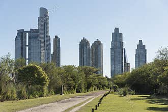 Quiet road surrounded by green with modern buildings in the background