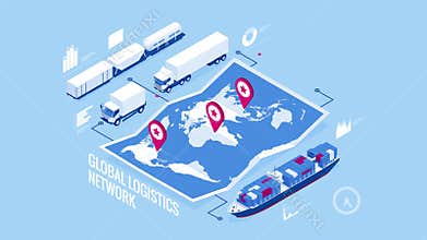 Global logistics network isometric illustration Icons set of air cargo trucking rail transportation maritime shipping On