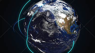 Computer generated Earth connection in outer space. Close-up of a spinning planet with neon connecting beams. 3d