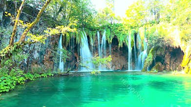 Waterfall in forest Plitvice Lakes National Park, Croatia