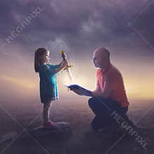 Father and daughter with sword