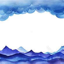 Page Design Template. Cartoon sky of blue cumulus clouds. Illustration. Blue valley with mountain ranges. Collage of