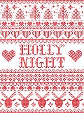 Holly Night Christmas pattern with Scandinavian Nordic festive winter pattern in cross stitch with heart, snowflake, trees