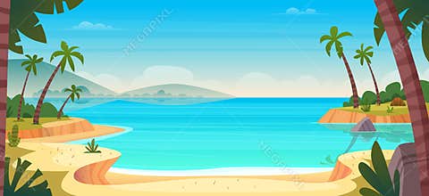 Cartoon summer wild paradise beach. Paradise nature vacation, ocean or sea seashore. Seaside landscape