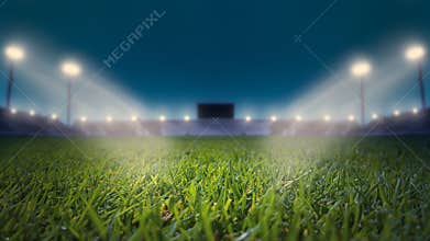 Soccer Stadium with Green Grass Field with Bright Floodlight Background.lights at night and football stadium