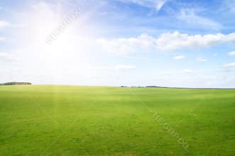 Green grass hills under midday sun in blue sky.