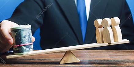 Man outweighs people on scales with a bundle of money. Investing in human capital. Corruption, lack of justice. Violation of legal