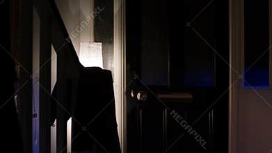 Crime scene - flashing blue police light seen through front door