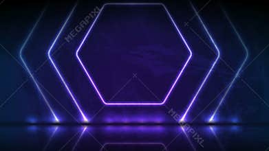Video animation of neon hexagon frames on blue violet grunge background