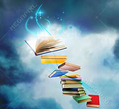 Flying books with fairytales and magic lights on background. Creative design