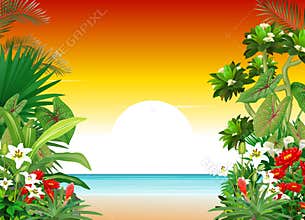 Beautiful Sunset In Beach View With Ivy Flower Cartoon