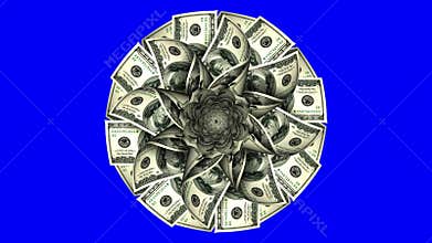 American Dollars In The Form Of A Blossoming Flower On Blue Screen.4K. Looped.