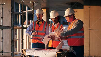 Workers look at a blueprint on a building site.