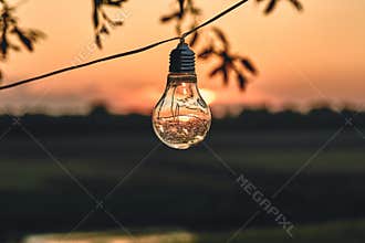 Vintage light bulbs on string wire against sunset decor in outdoors wedding party
