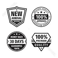 Design graphic badge logo vector set in retro vintage style. New arrival. 100% approved. 30 days money back guarantee. Premium