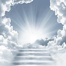 Stairway to Heaven.Stairs in sky.  Concept with sun and white clouds. Religion  background