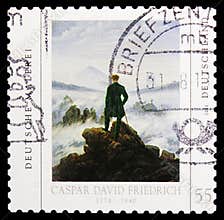 Postage stamp printed in Germany shows Wanderer above the Sea of Fog by Caspar David Friedrich, German Painting serie, circa 2011