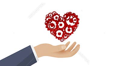Red heart made of gears on hands - in love techno theme
