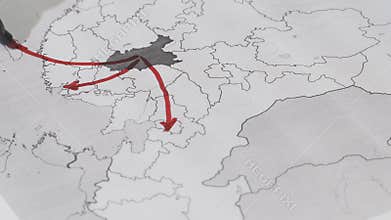 China coronavirus world map red. Spread of the deadly coronavirus, interactive map. Coronavirus cells spread out of